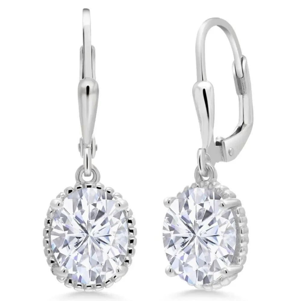 925 Sterling Silver with 4.20 Cttw White Moissanite Oval Leverback Hook Earrings